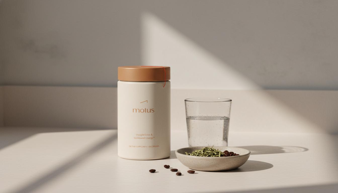 Tonum Motus container on a beige counter with a glass of water, green tea leaves and coffee beans, hinting EGCG and caffeine — best natural fat burning supplement