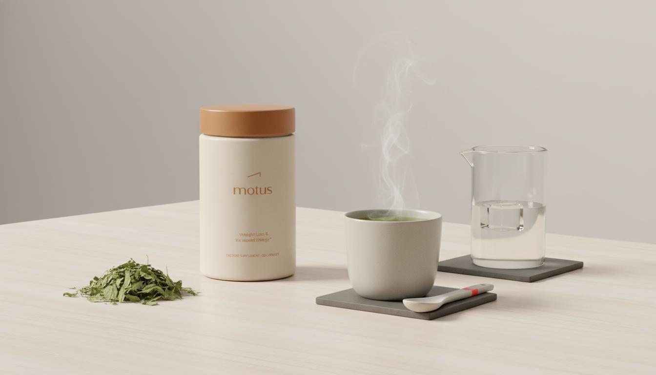 Tonum supplement jar beside dried bacopa leaves, cup of green tea and glass carafe on a minimalist light table, calm clinical aesthetic — best natural nootropic