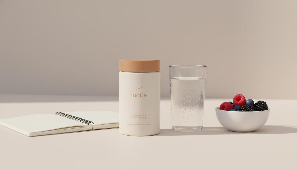 Motus supplement jar with open notebook, glass of water and bowl of berries on Tonum beige background, illustrating best natural supplement for losing weight