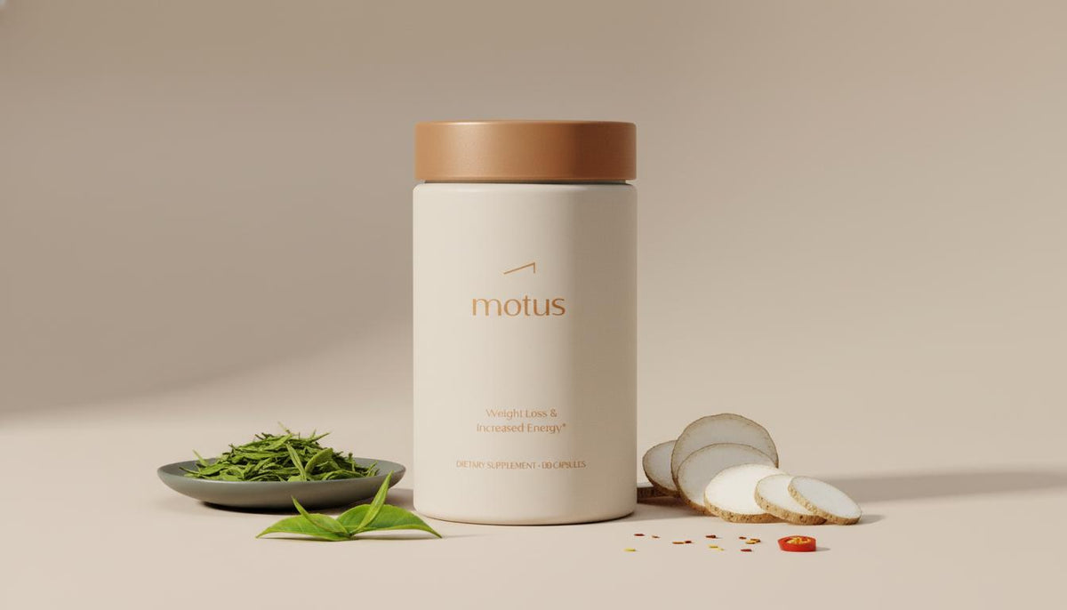 Motus supplement jar on Tonum beige background beside green tea leaves, sliced konjac root and chili flakes — best natural supplement for weight loss