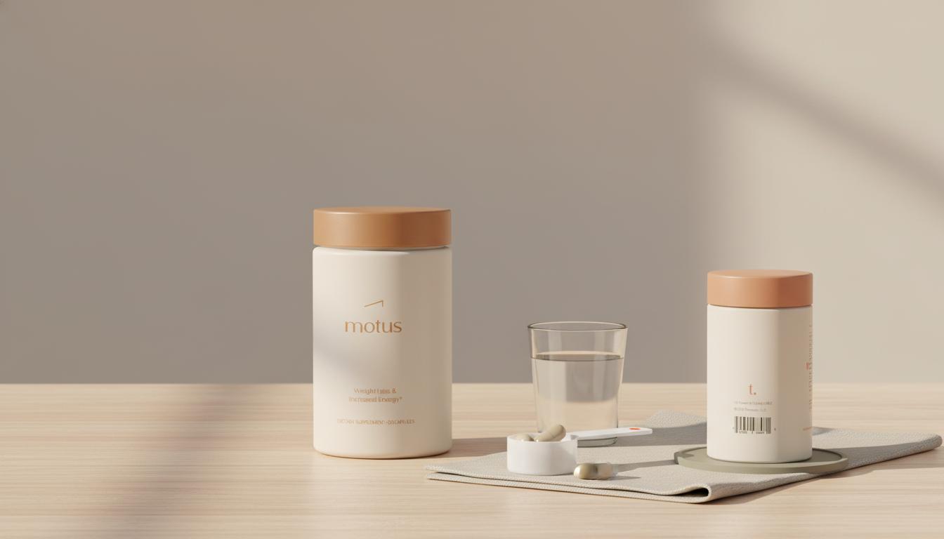 Minimalist lifestyle photo of Tonum product jar with measuring scoop and water glass on light wood table, clinical-meets-lifestyle wellness scene; best natural weight loss supplement