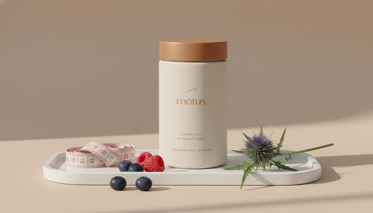Tonum Motus jar on ceramic tray with measuring tape, berries and milk thistle on pale beige background — best non-prescription weight loss medicine
