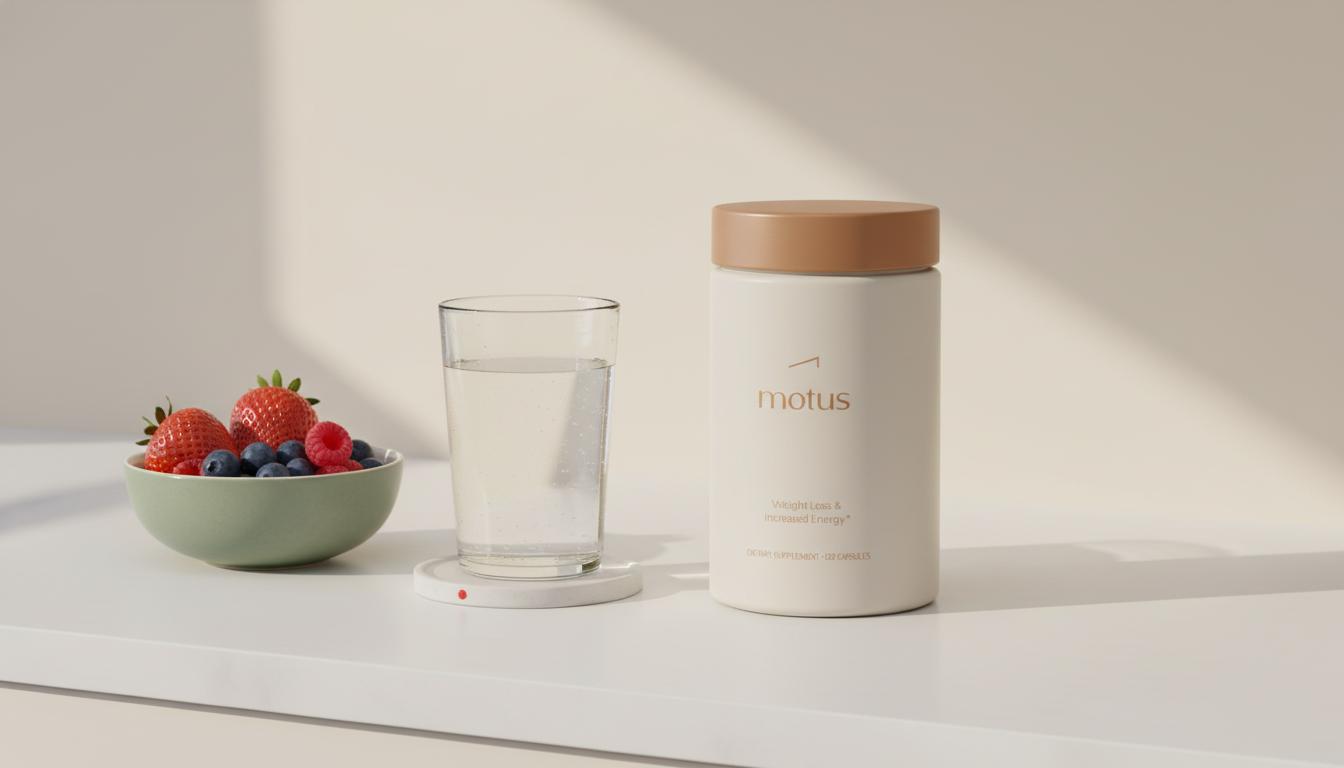 Minimalist kitchen still life with Tonum Motus supplement jar beside a glass of water and a small bowl of berries on a pale beige background — best non-stimulant fat burner