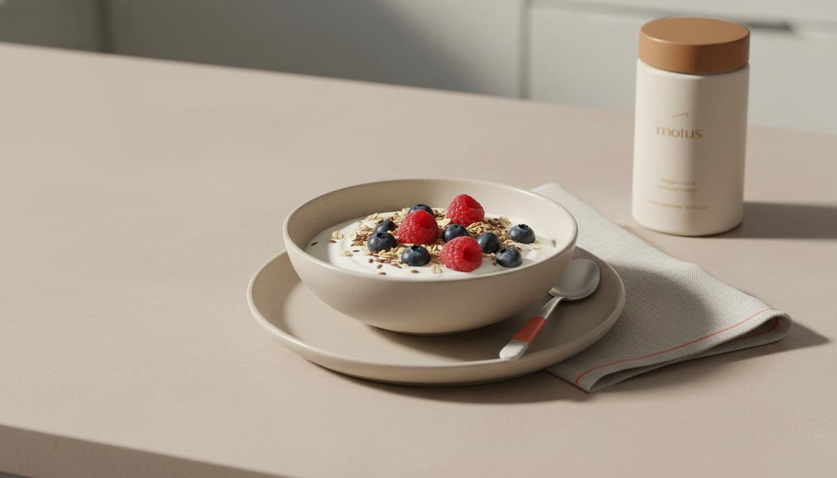 Minimalist Greek yogurt bowl with oats, berries and flaxseed on a clean counter and a Tonum Motus container nearby, illustrating best nutrients for weight loss.