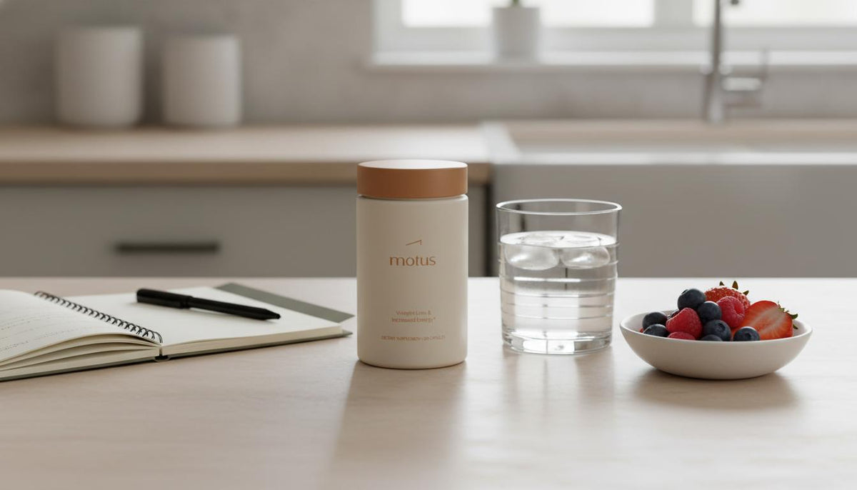 Minimalist kitchen counter with Tonum Motus container beside glass of water, bowl of berries and open notebook — calm clinical lifestyle scene for best pill for weight loss