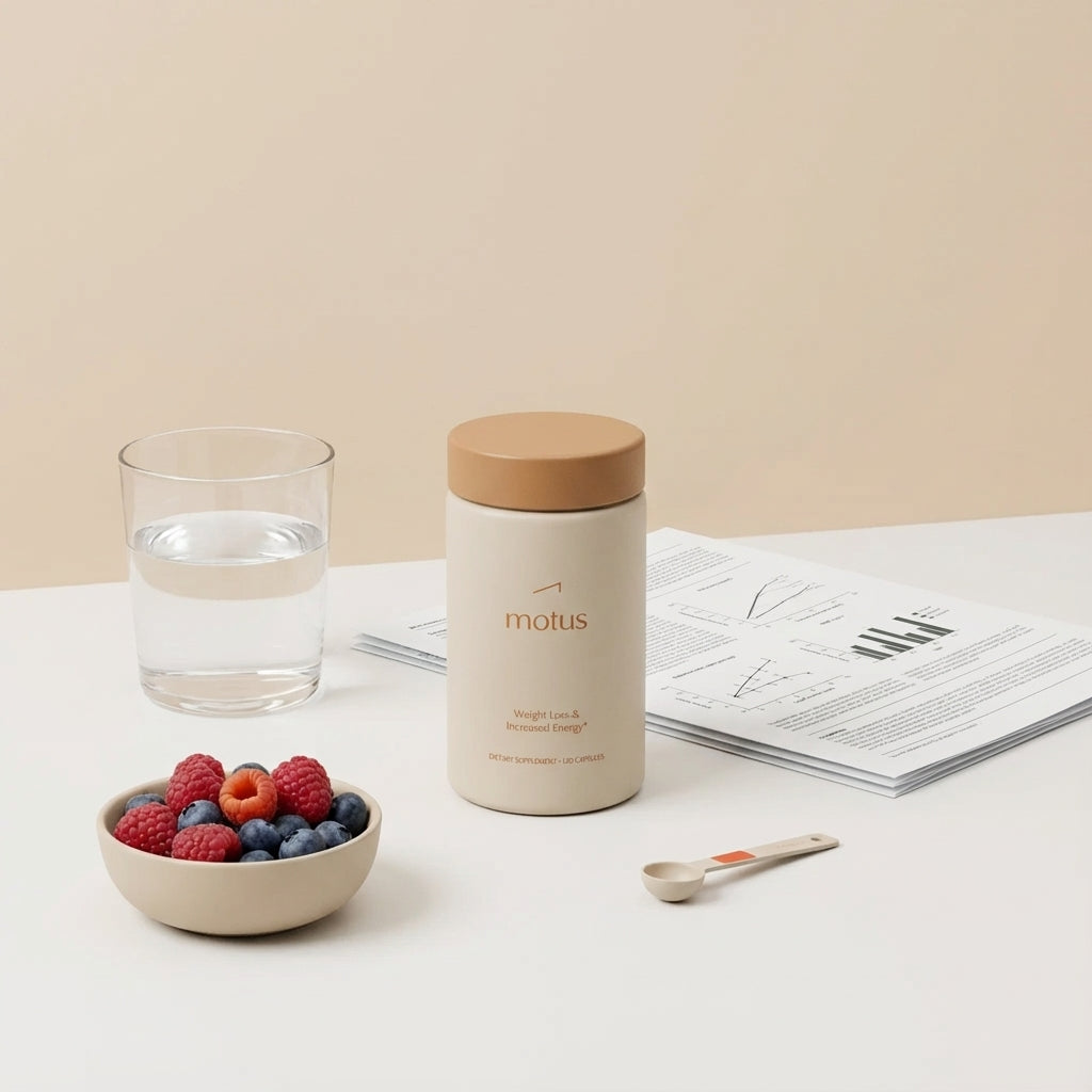 Minimalist studio photo of Tonum Motus supplement container on a matte beige countertop with a glass of water, bowl of berries and folded research printout — best pill to lower A1C
