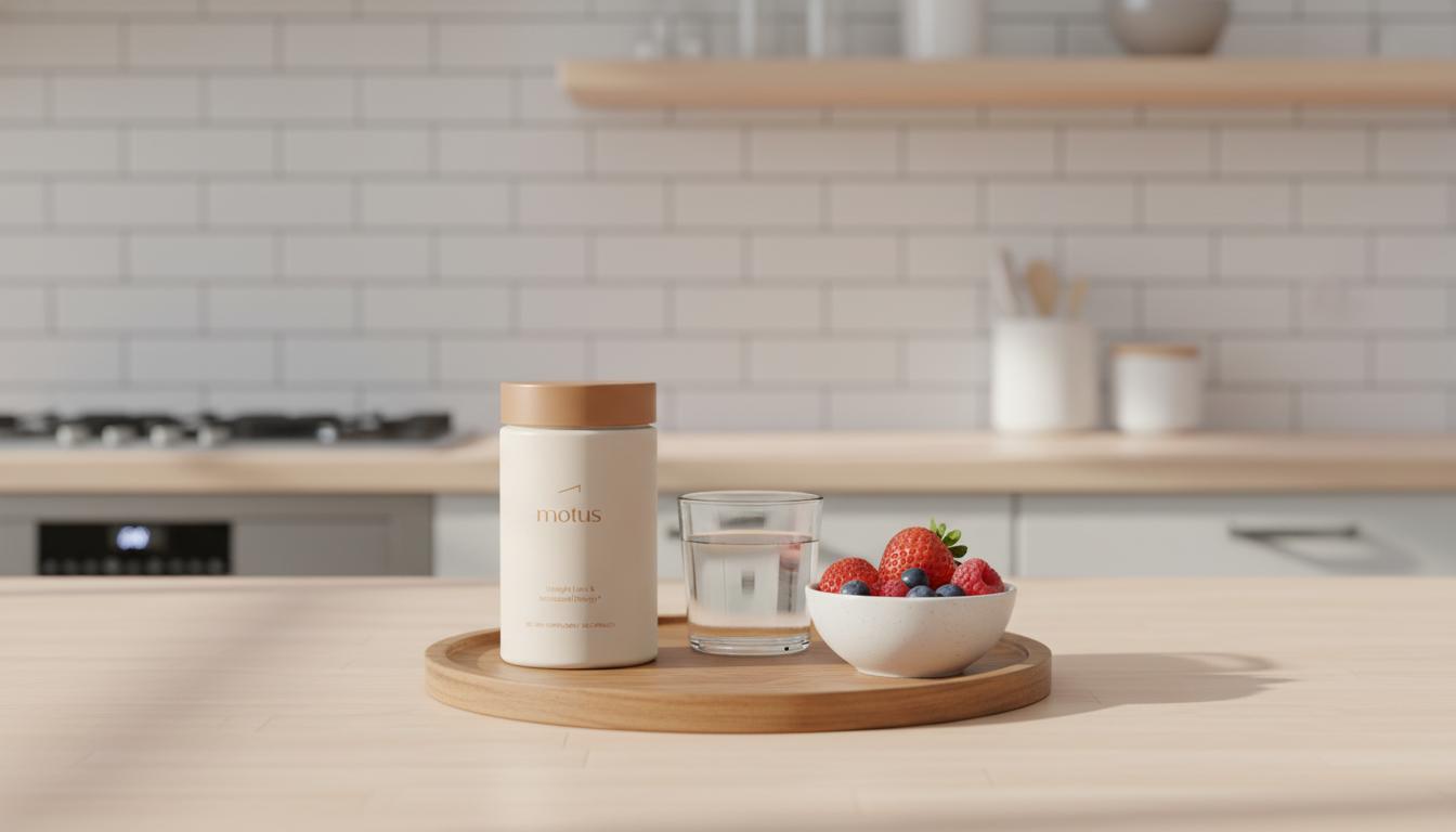 Minimalist kitchen scene with Tonum Motus supplement jar on a wooden tray beside a glass of water and bowl of berries, promoting best pre workout for fat loss.
