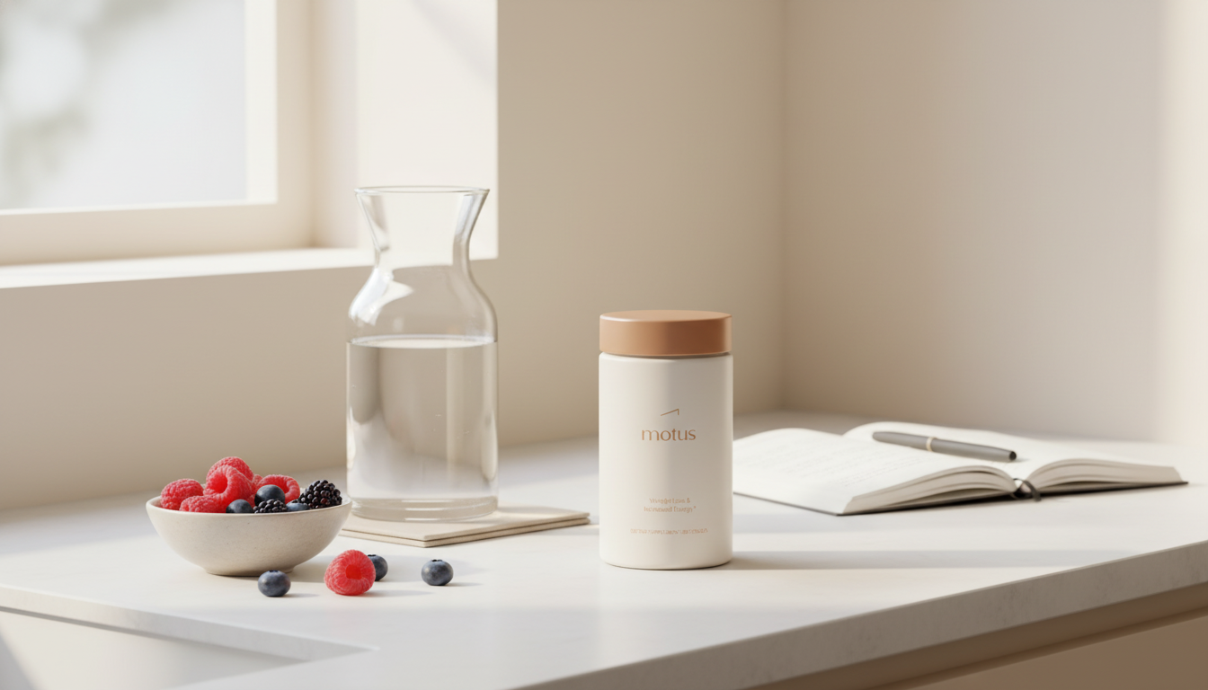 Minimalist kitchen scene with Tonum Motus supplement beside berries, water carafe and open journal, promoting best probiotic for weight loss in women.