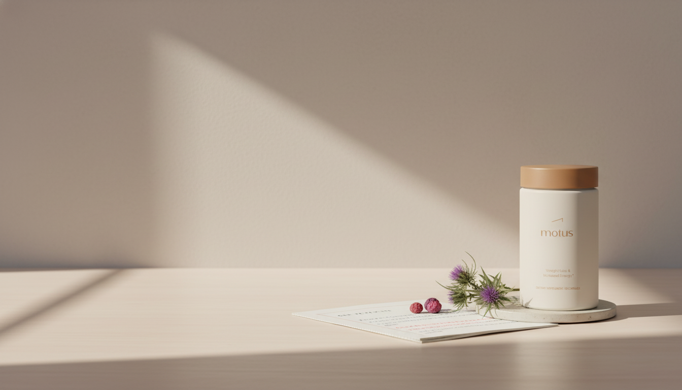 Minimalist kitchen counter with Tonum supplement jar, berries and milk thistle, and a research notebook — best probiotic for women