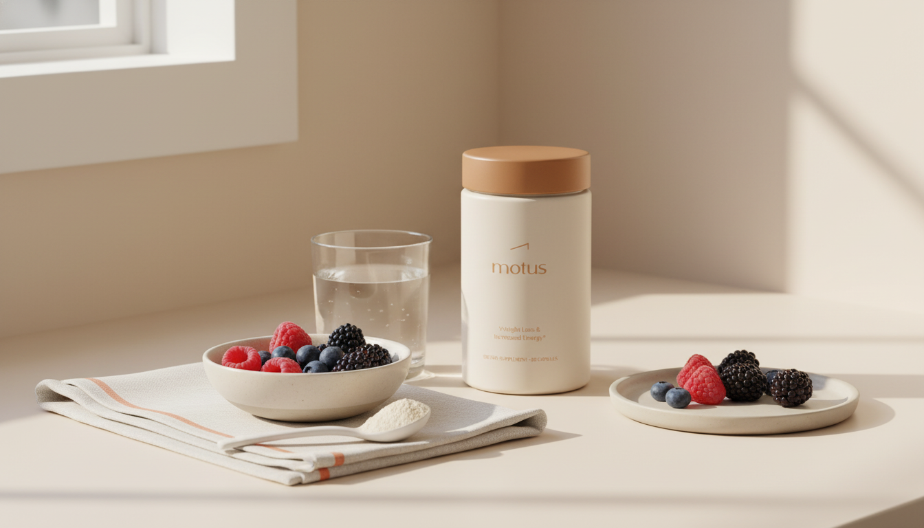 Minimalist kitchen counter with Tonum Motus container, glass of water, bowl of berries and ceramic spoon with protein powder — best protein powder for a calorie deficit