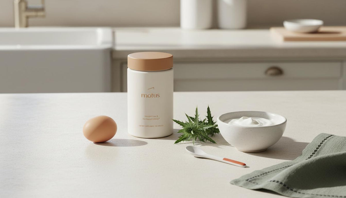 Minimalist kitchen counter with Tonum Motus jar beside an egg, a small dish of Greek yogurt and a milk thistle sprig in diffused daylight — best protein powder for fat loss
