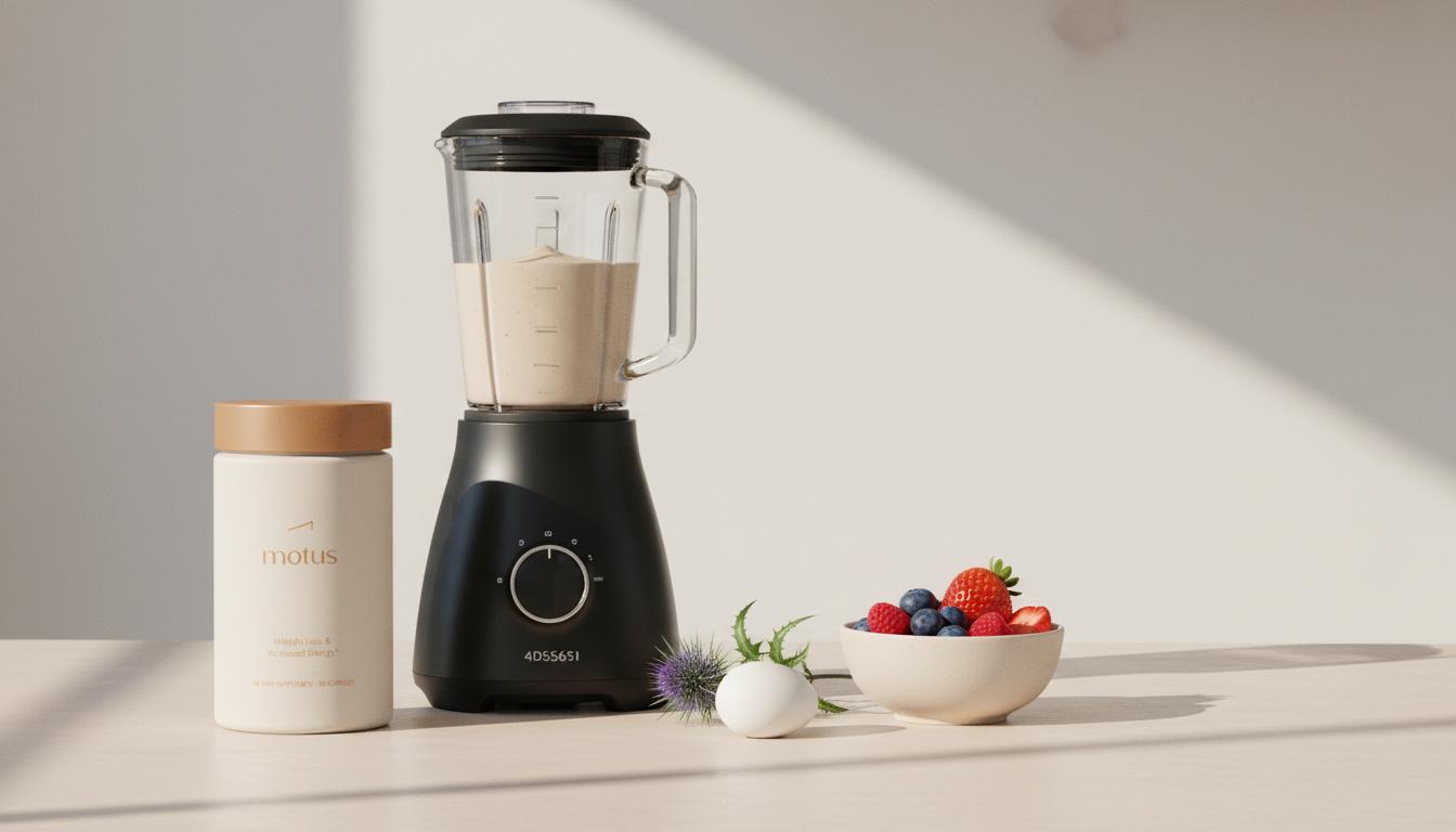 Minimalist kitchen counter with Motus supplement jar next to a protein smoothie blender, bowl of berries, an egg and milk thistle sprig — best protein powder for weight loss