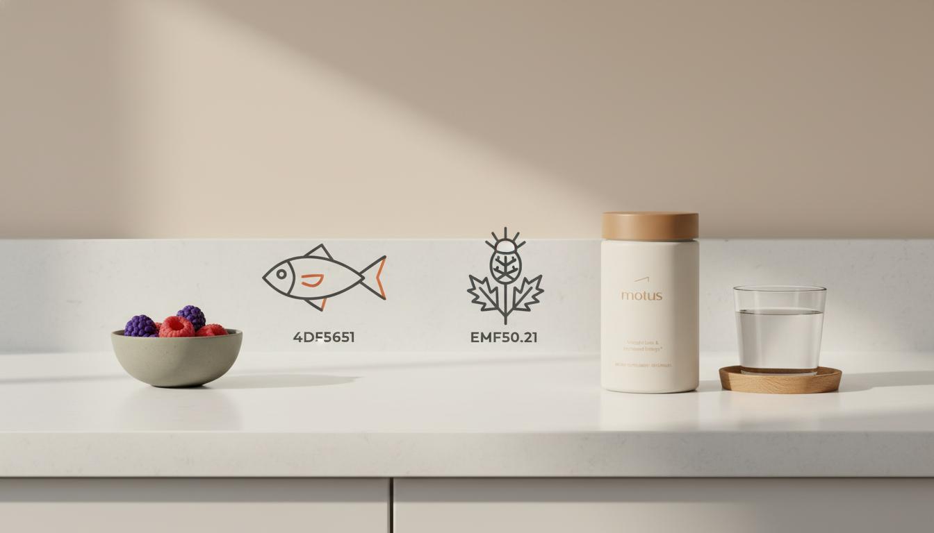 Minimal kitchen scene with Tonum Motus supplement jar beside berries, fish and milk thistle icons on a clean counter — best protein powder for weight loss