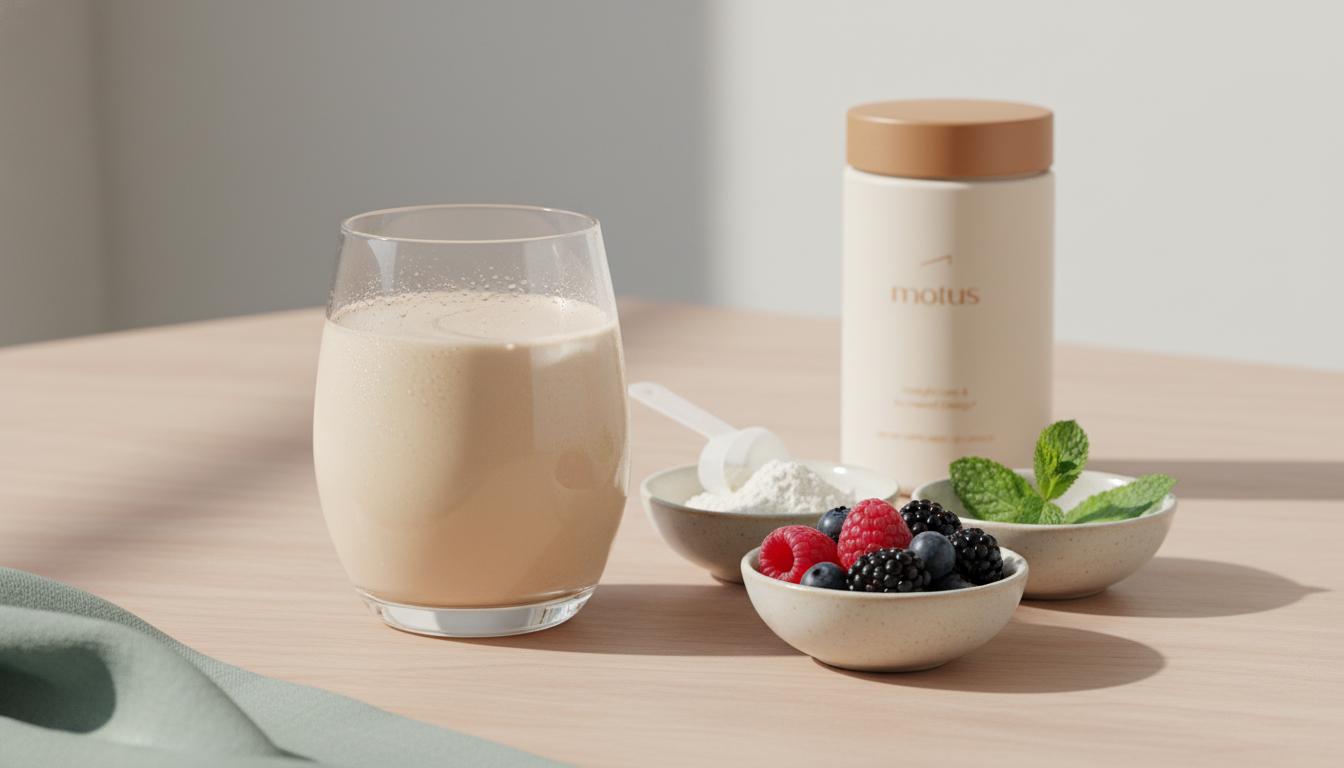 Minimalist still-life of a chilled meal replacement shake in a clear glass with protein powder, berries, mint and a Tonum Motus container — best protein shake for meal replacement