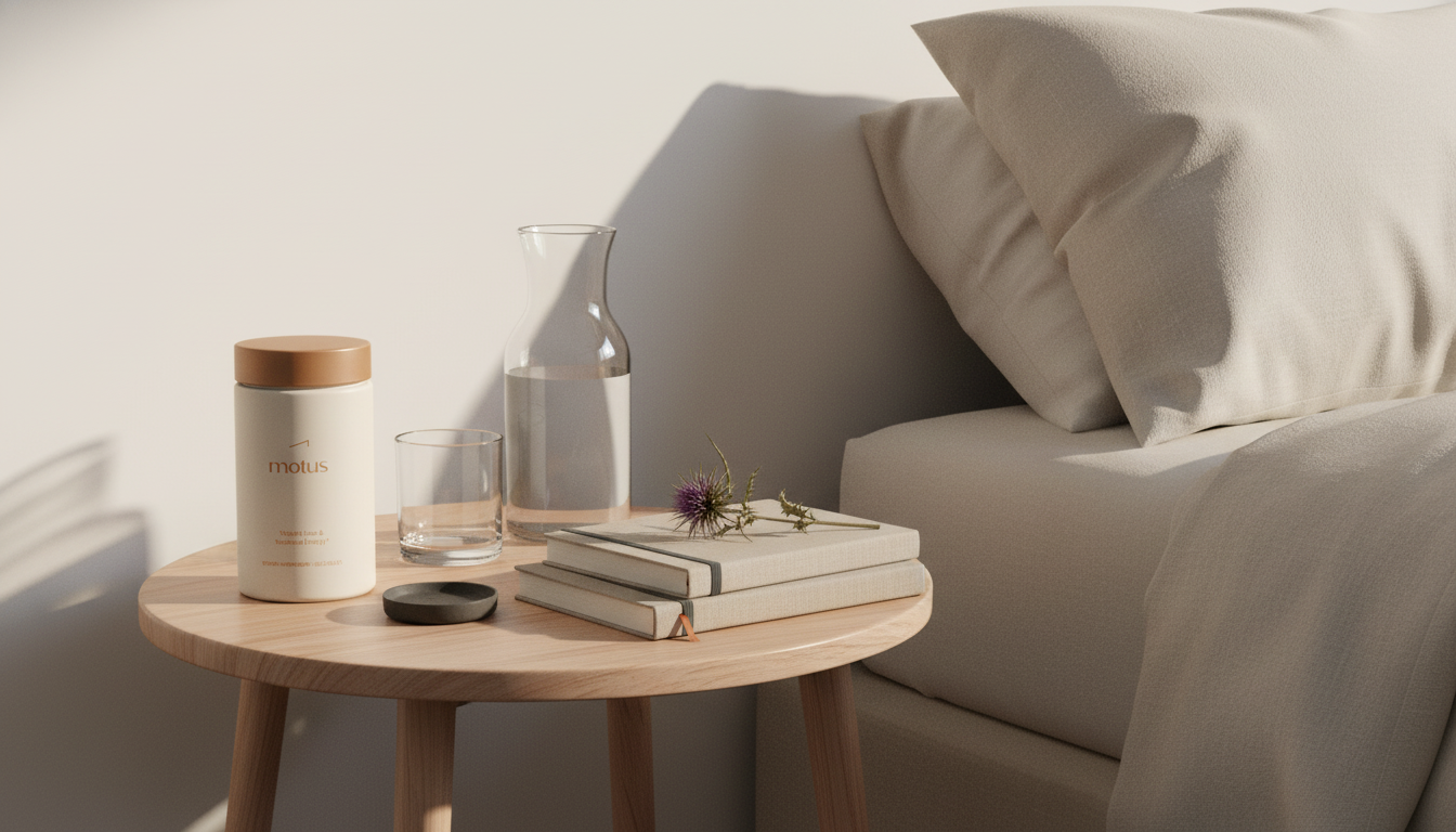 Minimalist bedside still-life with Tonum Motus supplement jar, glass carafe, milk thistle sprig and notebooks on beige Tonum background — best replacement for food