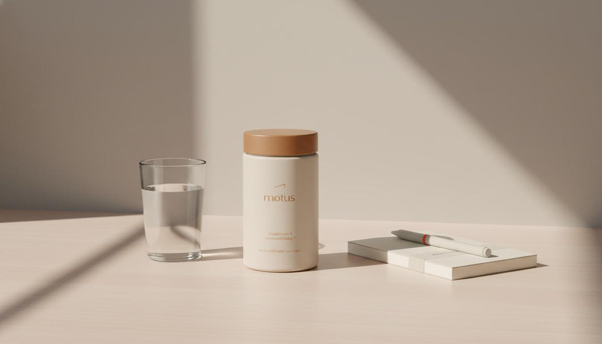 Minimalist kitchen counter with Tonum Motus bottle, glass of water and notebook on beige background, clinical-meets-lifestyle composition — best safe weight loss pills