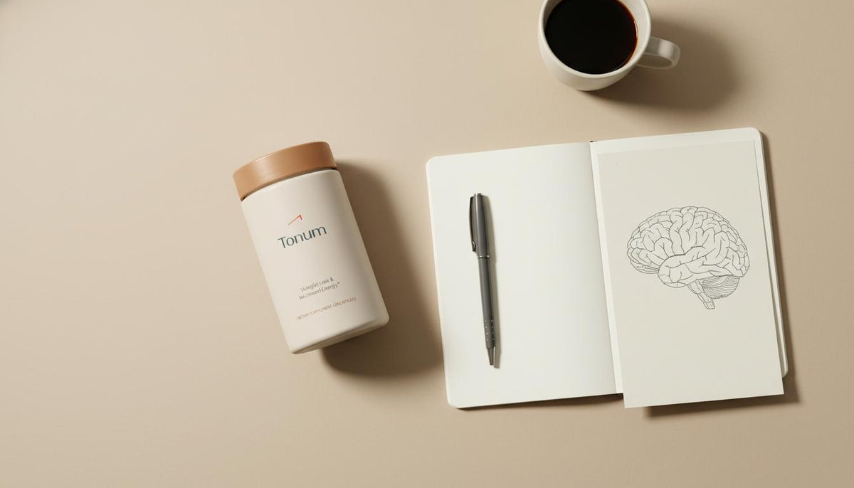 Overhead minimalist flat-lay of Tonum supplement jar, notebook, pen, coffee cup and brain wireframe on beige background, showing best supplement for brain energy