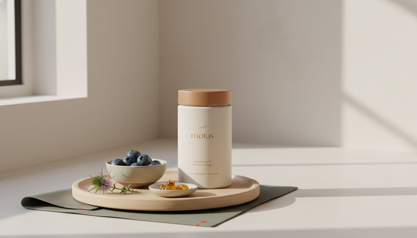 Minimalist lifestyle photo of a Tonum supplement jar next to blueberries, a milk thistle sprig and a small dish of fish oil capsules on a light countertop — best supplement for brain function