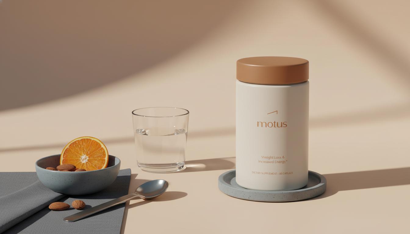 Minimalist countertop scene with Tonum supplement container, small bowl of almonds and glass of water on a #F2E5D5 background, conveying calm wellness — best supplement for cravings