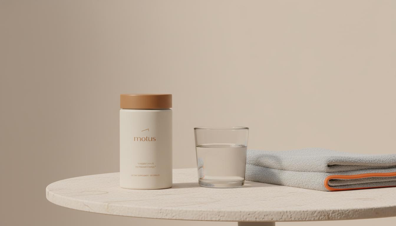 Minimalist studio photo of Tonum Motus container on a round table with a glass of water and folded towel against a soft beige background, best supplement for cutting