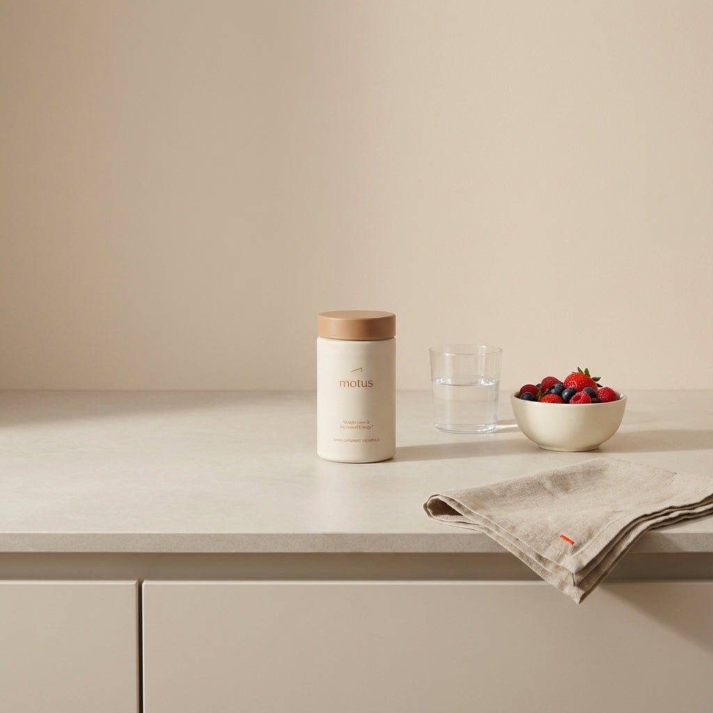 Minimalist kitchen counter with Tonum Motus supplement container beside a glass of water and a bowl of mixed berries, illustrating the best supplement for food cravings.