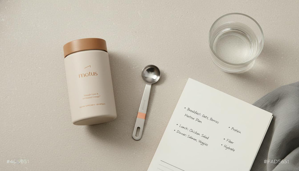 Flat-lay of Tonum Motus supplement with measuring spoon, notebook meal plan and water glass — best supplement for insulin resistance in a minimalist Tonum setting