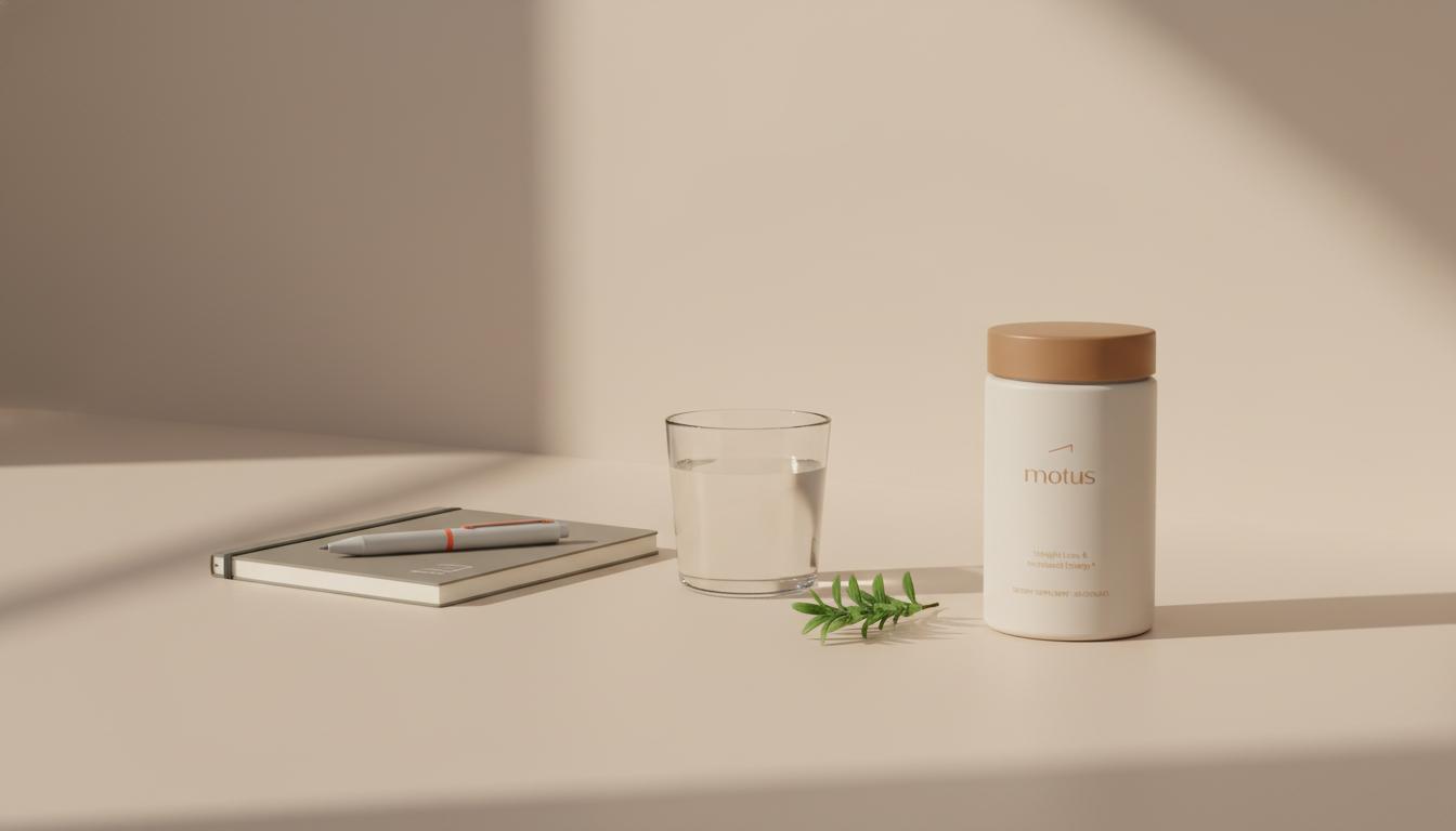 Minimalist tabletop still life with Tonum supplement container, notebook, pen, glass of water and sprig of herb on beige #F2E5D5 background — best supplement for memory retention