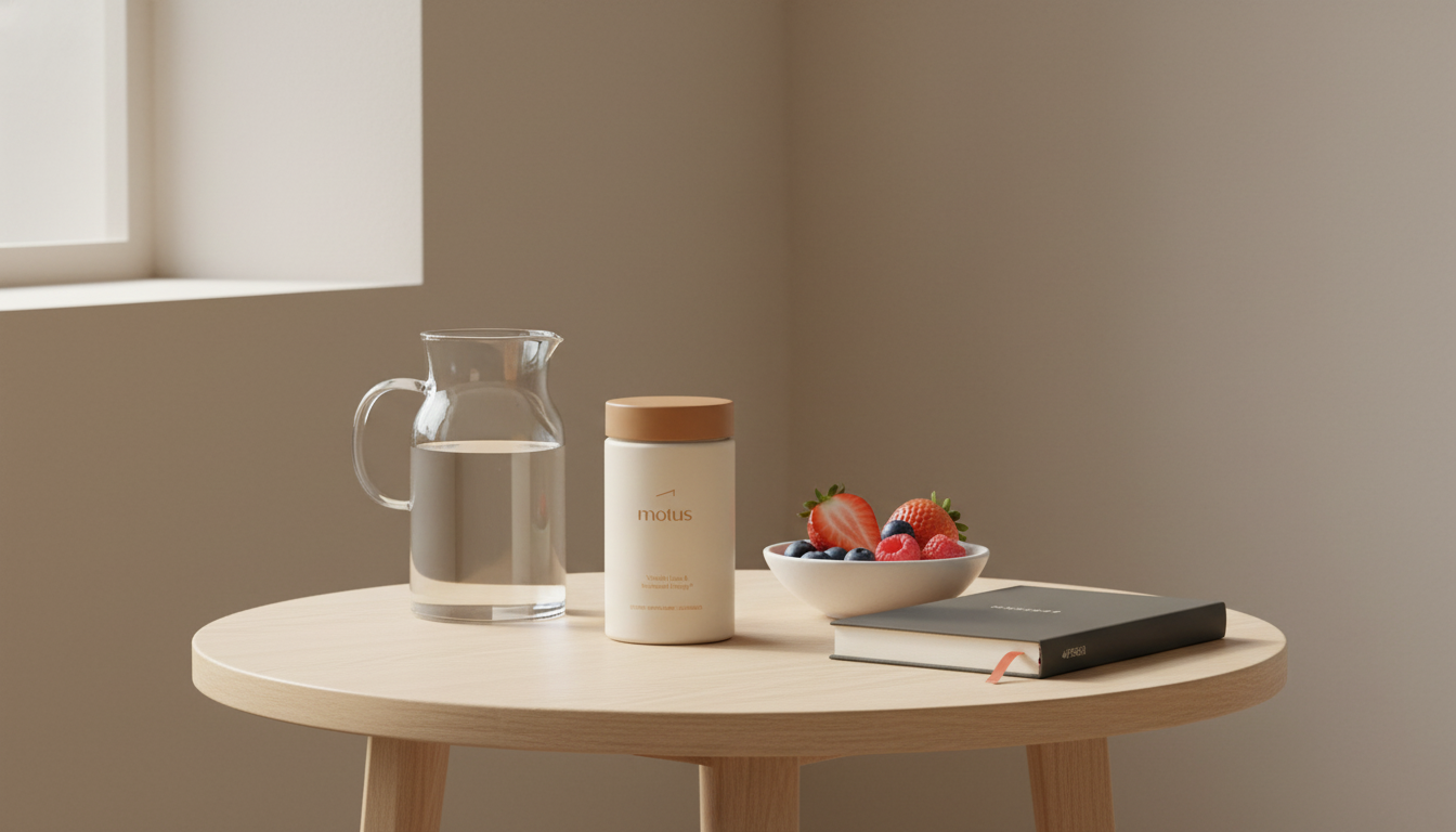 Tonum Motus jar on a wooden table with carafe, bowl of berries and journal in a minimalist morning scene — best supplement for menopausal weight gain