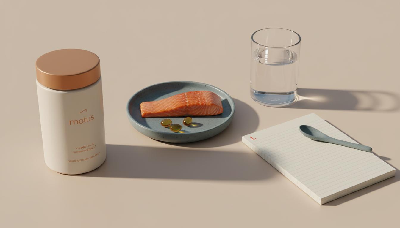 Minimal Tonum product scene with salmon fillet, omega-3 capsules, notebook and glass of water on a clean tabletop, highlighting best supplement for mental health.