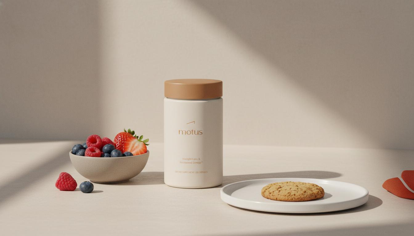 Minimalist kitchen still life with Tonum supplement container beside a bowl of mixed berries and a small cookie, illustrating the best supplement for sugar cravings