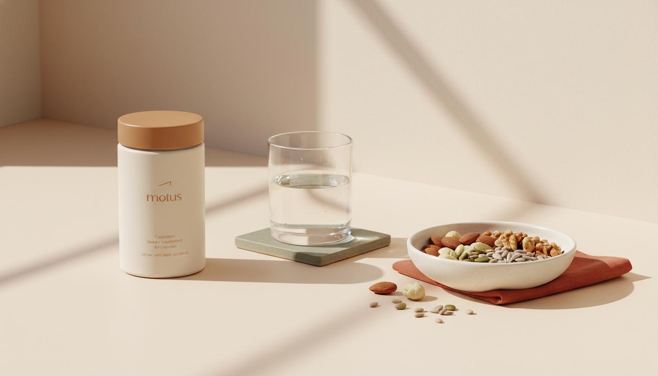 Minimalist Tonum desktop with cognition supplement from reference photos beside a glass of water and a bowl of nuts, conveying brain health and gentle routine — best supplement to increase serotonin