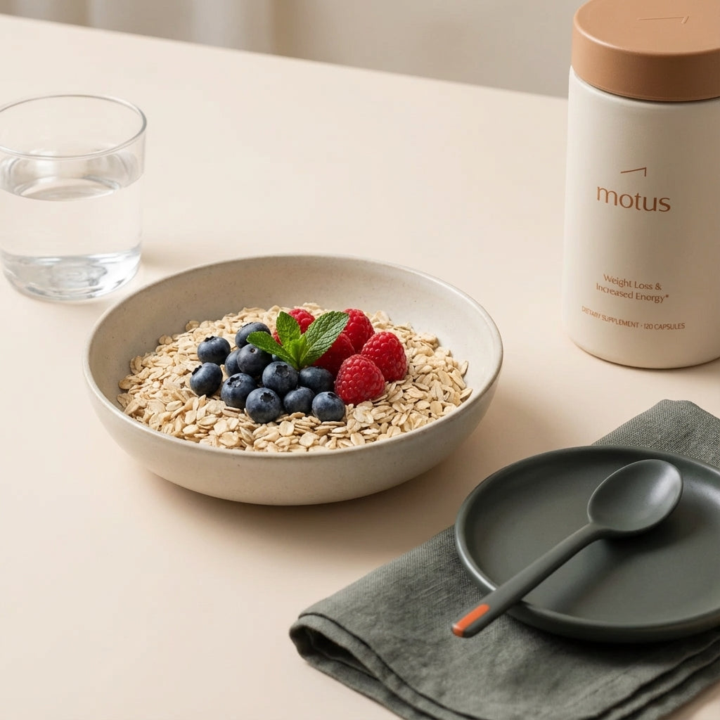 Minimalist breakfast tabletop with bowl of oats and berries, a glass of water and a Tonum Motus supplement jar—best supplement to lower glucose—on a clean beige background