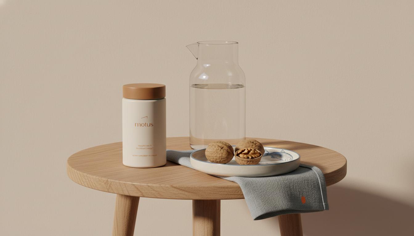 Minimalist still-life of Tonum supplement jar on wooden table with glass carafe, walnuts and omega-fish dish on beige #F2E5D5 background — best supplement to slow dementia