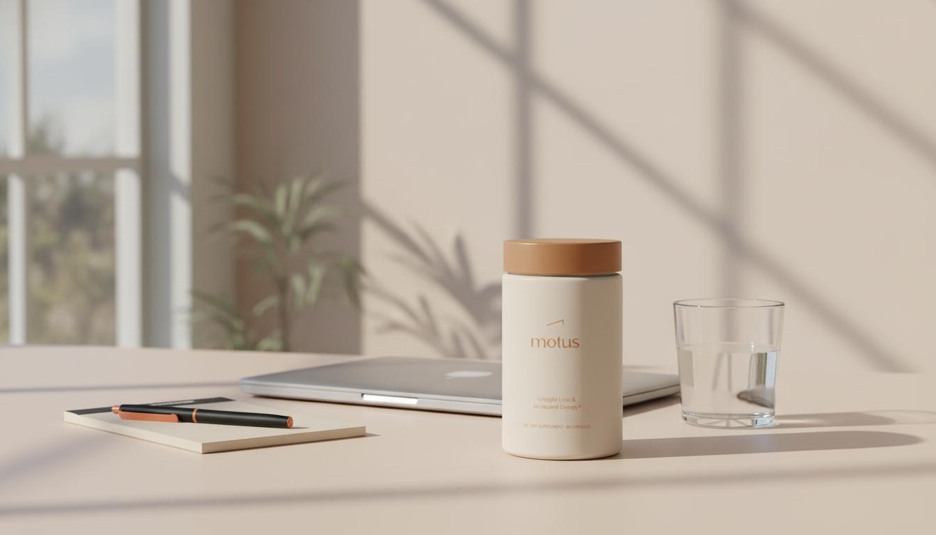 Minimalist desktop with closed laptop, glass of water, Tonum supplement jar and notepad on a #F2E5D5 background, evoking calm focus — best supplements for concentration