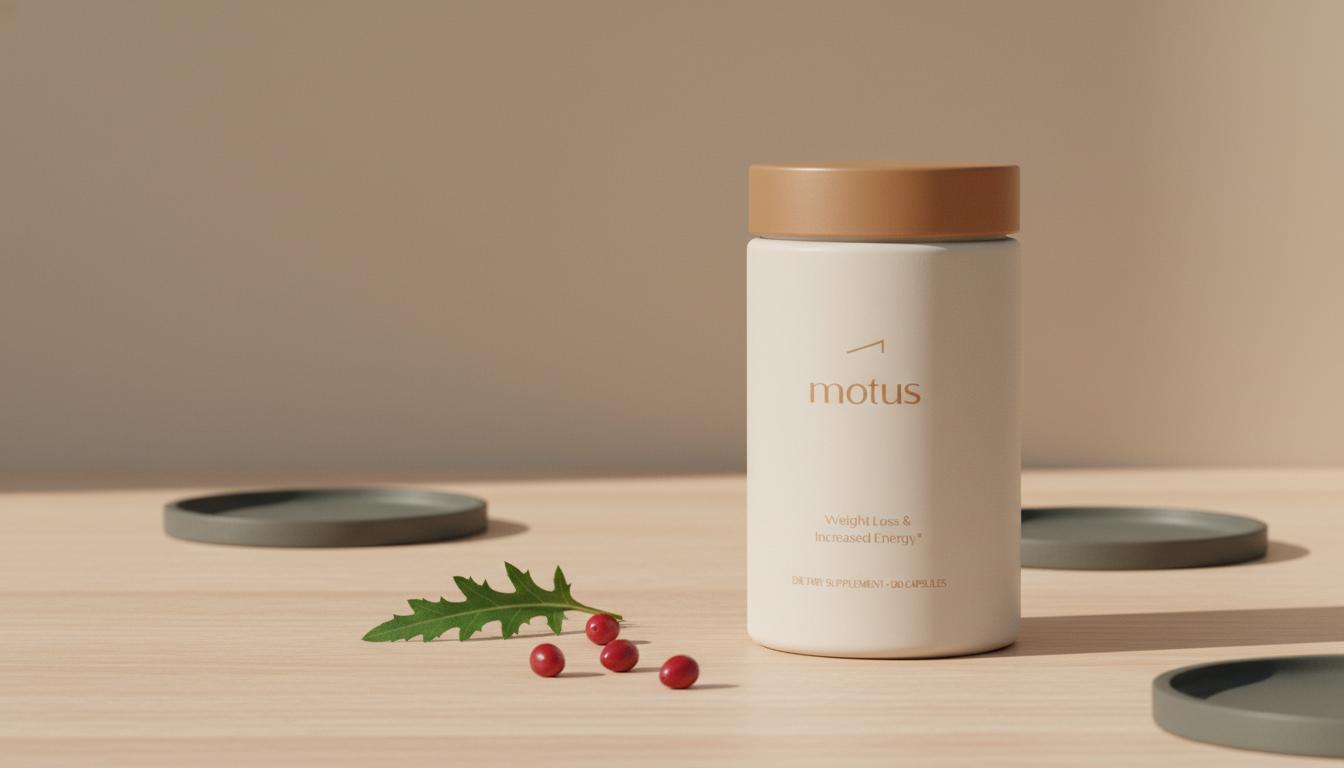 Minimalist product photo of Tonum Motus jar on a light wooden surface with milk thistle leaves and a few berries against a beige #F2E5D5 background — best supplements for fat loss