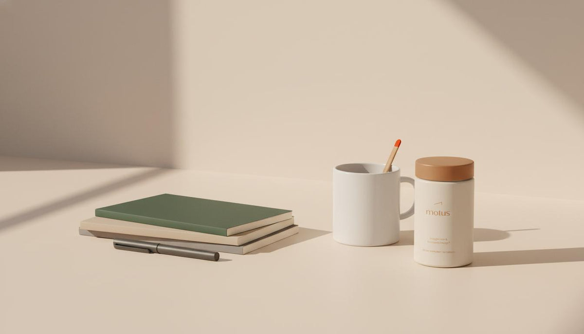 Minimalist desktop with notebooks, coffee mug and Tonum supplement jar from reference photos, evoking calm productivity and best supplements for focus