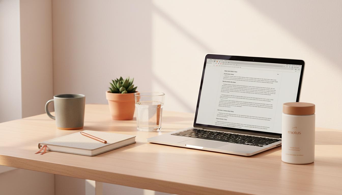 Minimalist study desk with notebook, laptop, glass of water, potted plant and Tonum Nouro supplement container — a calm, research-meets-lifestyle scene highlighting best supplements for studying.