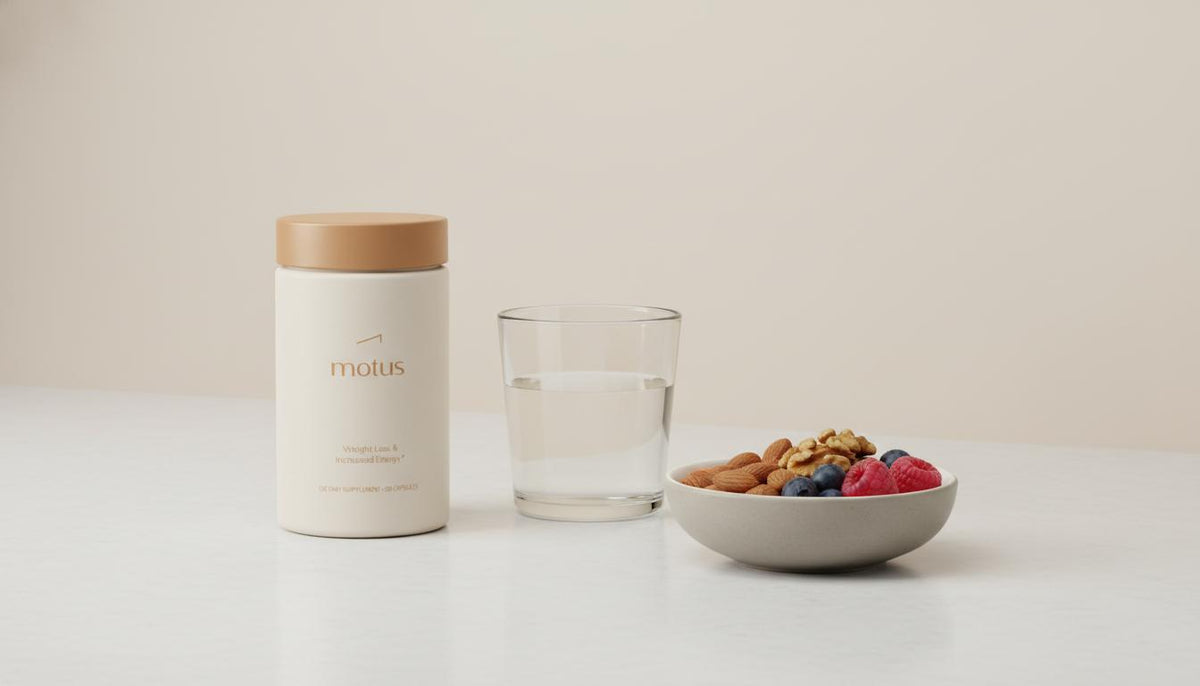 Minimalist countertop scene with Tonum Motus supplement jar, glass of water and bowl of nuts and berries on beige #F2E5D5 background — best supplements for sugar cravings