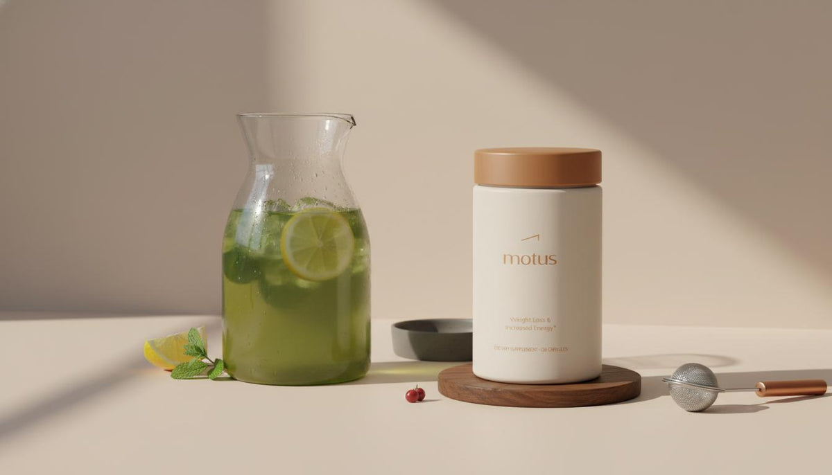 Minimalist kitchen counter with cold‑brew green tea carafe, Tonum Motus supplement jar, lemon slice and mint — best tea for weight loss