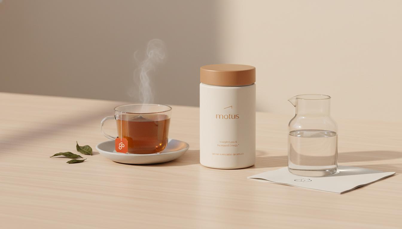 Minimal lifestyle photo of Motus supplement jar beside steaming teacup, carafe and loose tea leaves on wooden table — best teas for belly fat