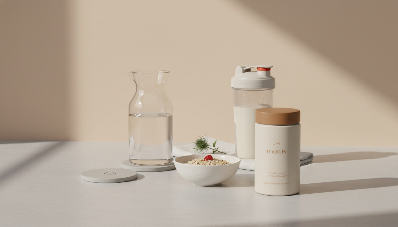 Minimalist kitchen counter with Tonum supplement jar, glass carafe, bowl of oats and a protein shake; best time to drink a protein shake