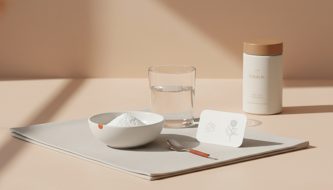 Minimalist kitchen counter with a bowl of protein powder, glass of water, Tonum icons on a card and Tonum product softly out of focus in background — best time to drink protein powder