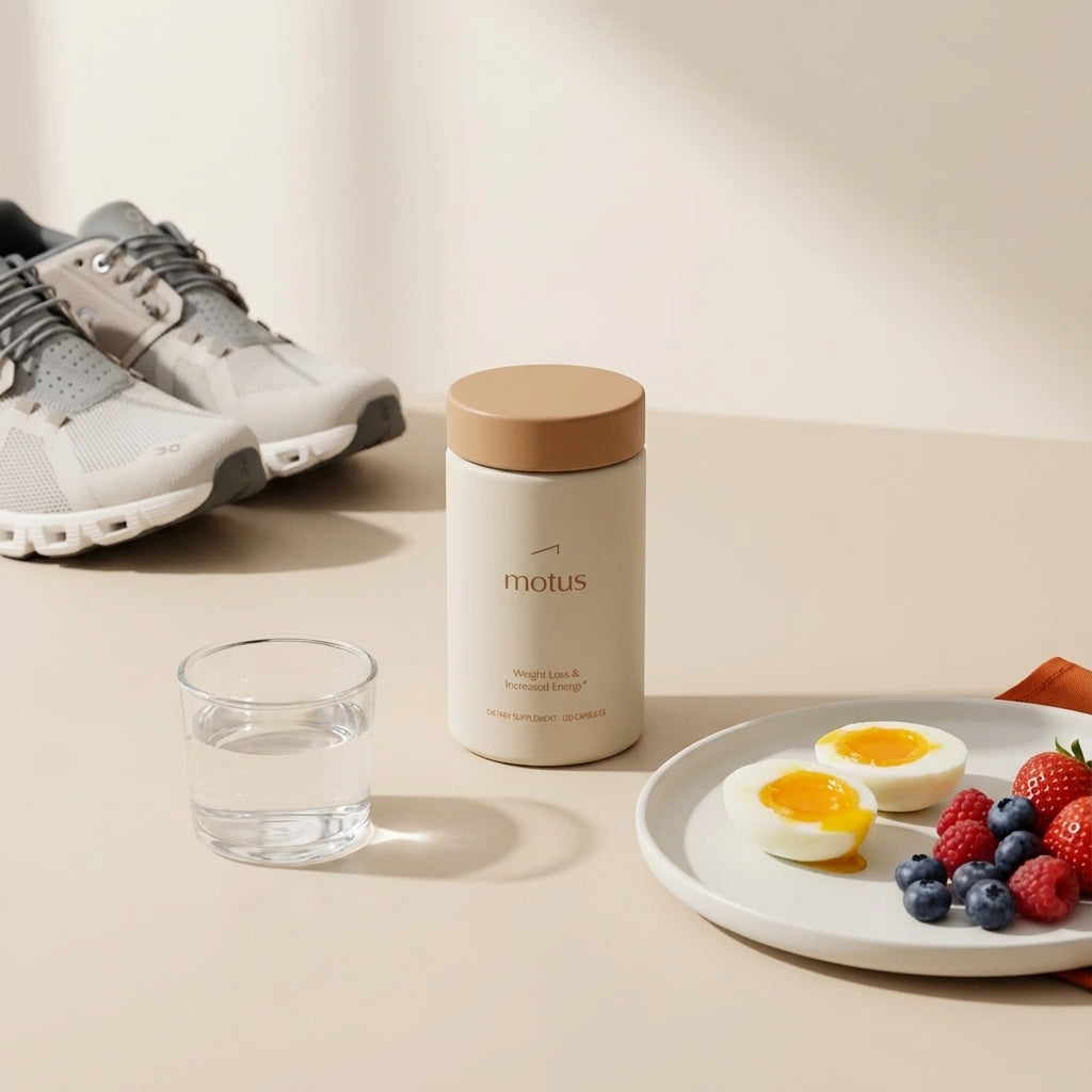 Tonum Motus container with a balanced breakfast (eggs and berries), glass of water and running shoes suggesting the best time to take AMPK with morning meal and exercise.