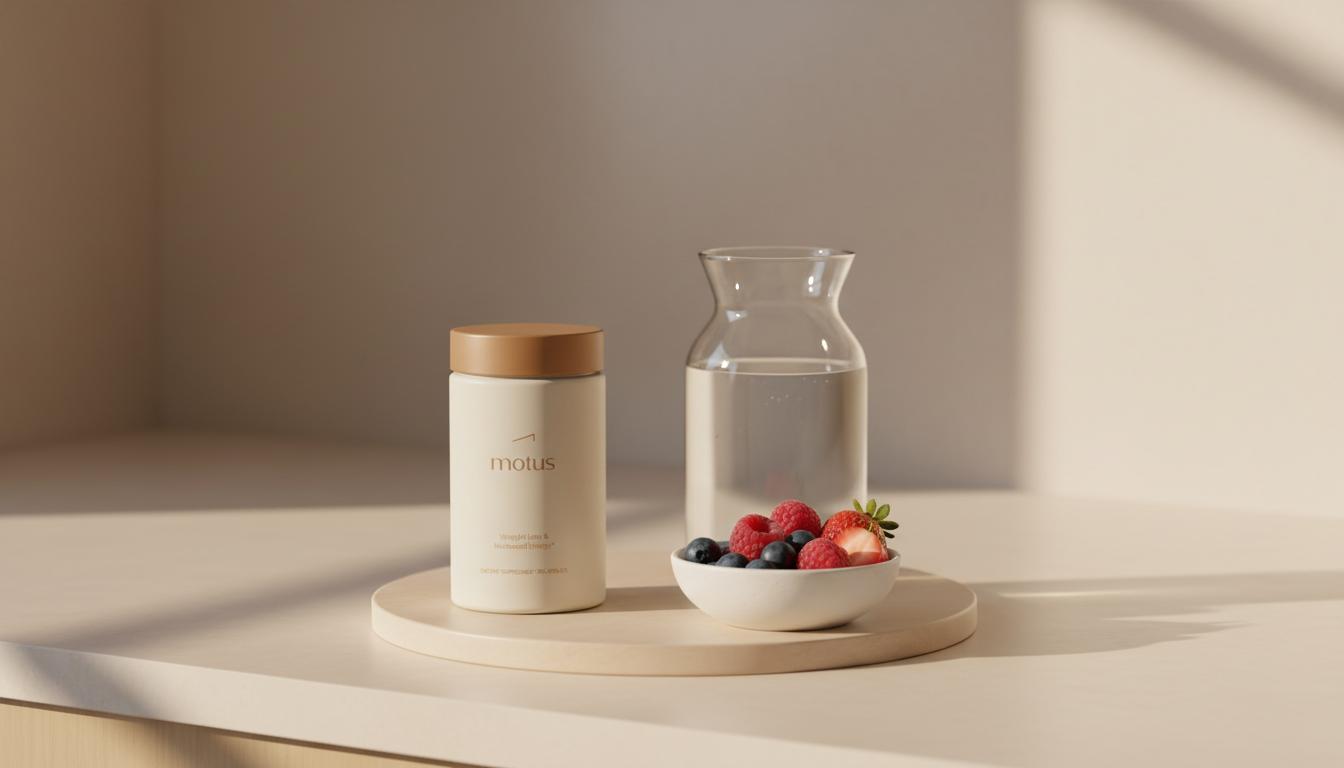 Minimalist kitchen counter with Tonum Motus supplement jar beside a glass water carafe and bowl of berries, conveying the best time to take garcinia in a morning routine.