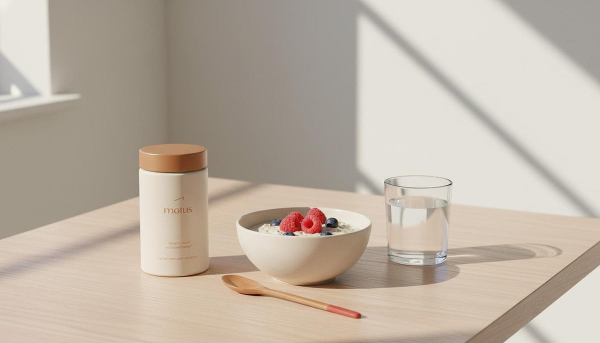 Minimal kitchen table with Tonum supplement jar beside a bowl of oatmeal with berries and a glass of water, styled for best time to take L-carnitine