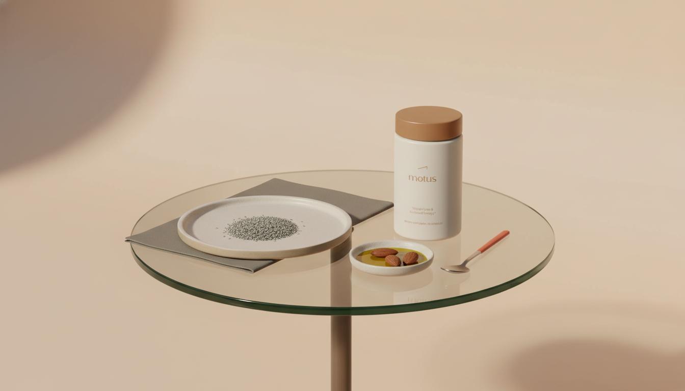 Minimalist still-life of Tonum supplement jar beside a plate of milk thistle seeds, olive oil and almonds illustrating best time to take milk thistle for measured food-based absorption.