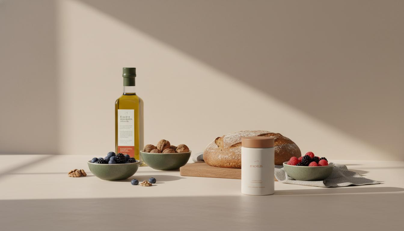 Minimalist still-life of liver-supporting foods (olive oil, walnuts, berries, whole-grain loaf) with Tonum Motus container, best vitamin for liver repair.