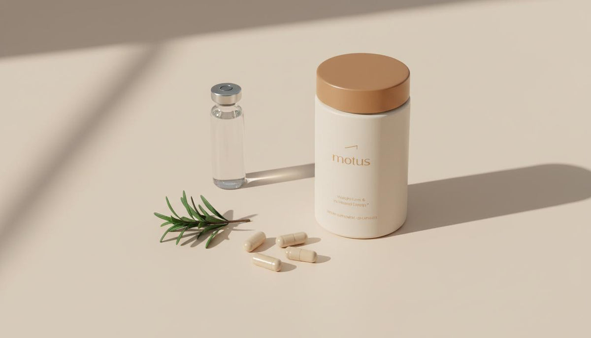 Overhead minimalist still-life of Tonum Motus container beside capsules, a lab vial and green sprig on a #F2E5D5 background, calm scientific nutrition scene — best vitamin to boost metabolism