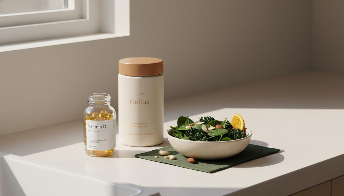 Minimal kitchen counter with Tonum supplement container, vitamin D capsules in a glass bottle and a bowl of leafy greens and nuts — best vitamin to lower blood sugar visual.