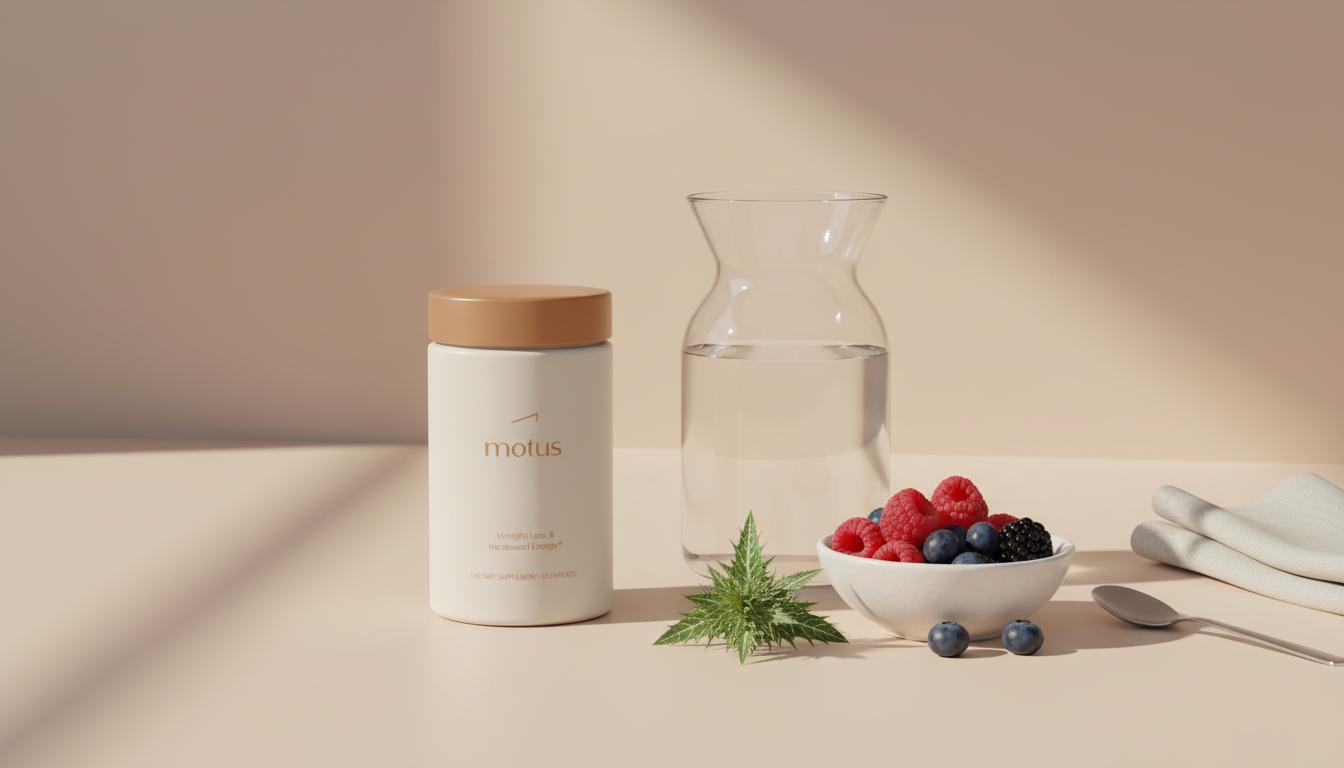 Minimalist kitchen counter scene with Tonum Motus bottle, glass carafe, bowl of berries and milk thistle leaves in a calm lifestyle setting — best weight loss drug 2025
